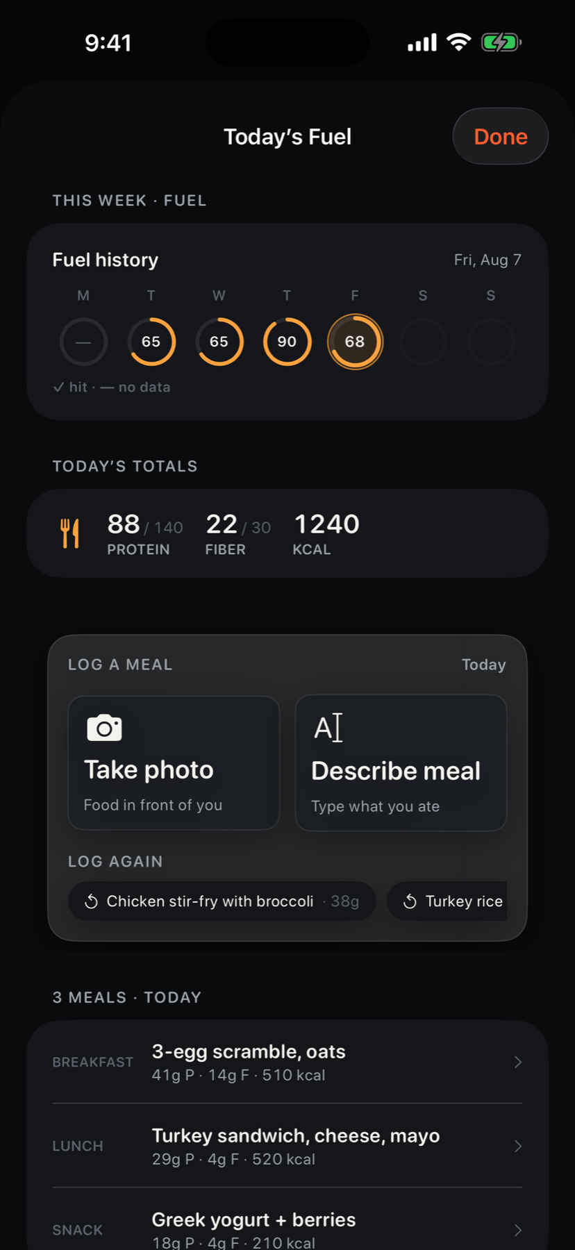 Fuel history, meal logging, and nutrition totals in Zerith