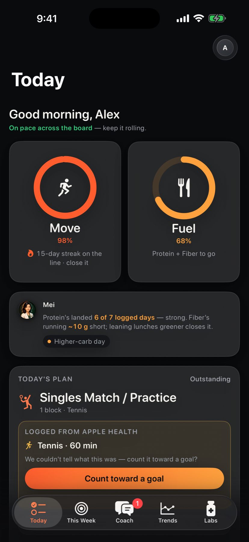 Zerith Today screen showing Move and Fuel progress rings