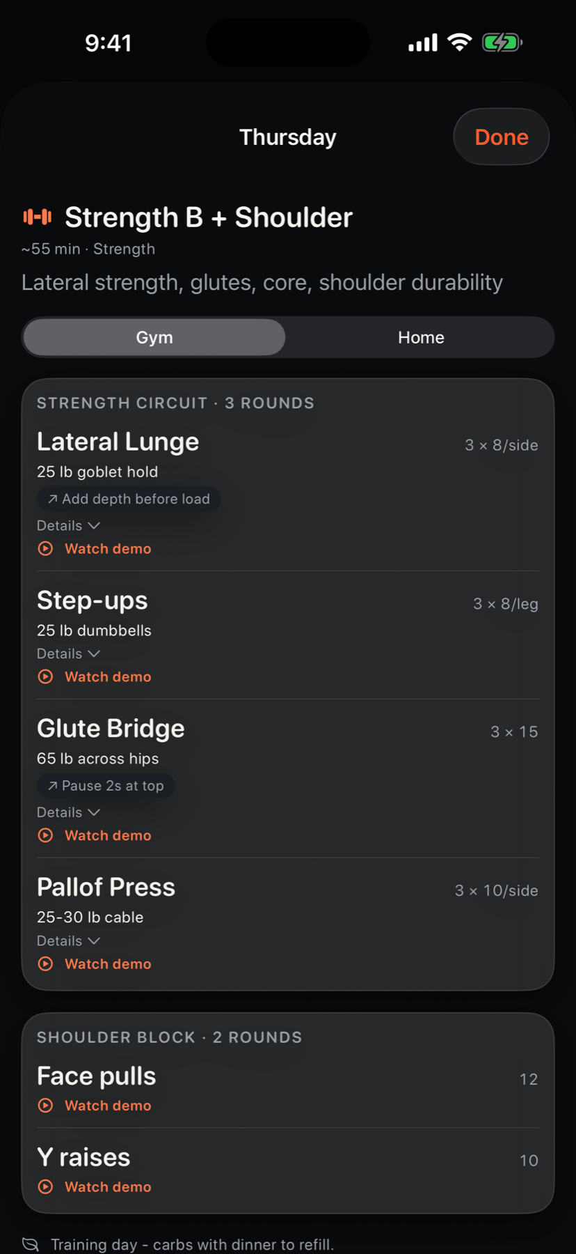 Personalized strength workout details in Zerith